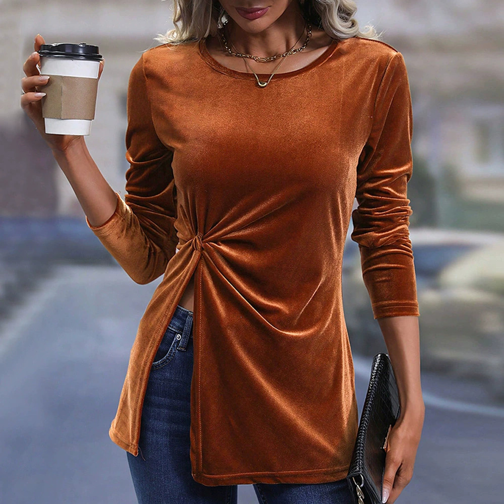 ZARA Autumn Winter Long Sleeve Velvet Shirt Irregular Slit Commuting